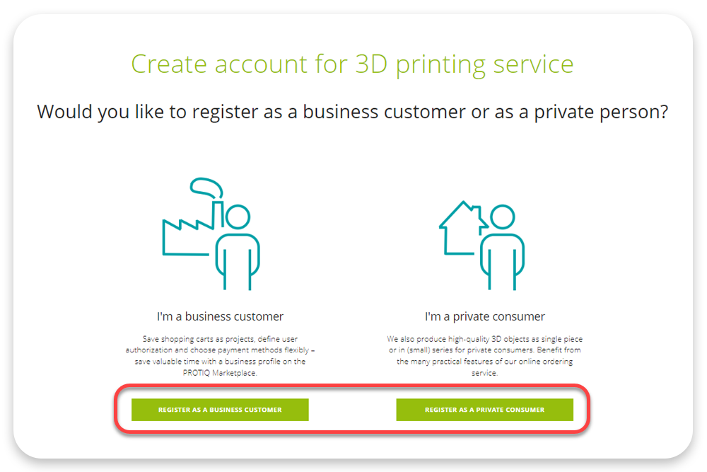 Screenshot of protiq.com: Selection of business customer or private customer